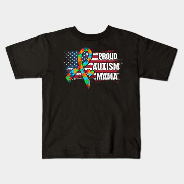 Autism Awareness T-Shirt Pround Autism Mama Vintage USA Flag Gift Kids T-Shirt by Lones Eiless